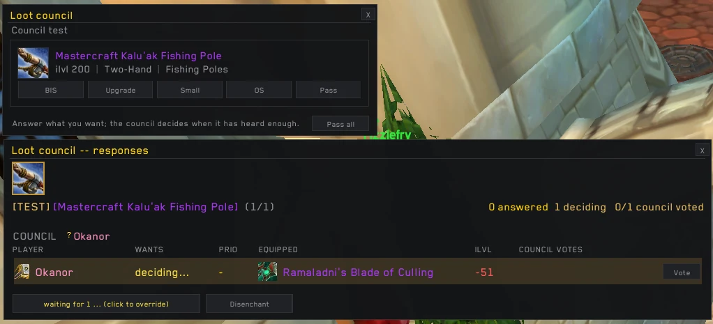 Raider popup (BIS, Upgrade, Small, OS, Pass) above the council responses board