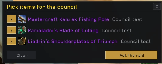 Pick items for the council, then ask the raid