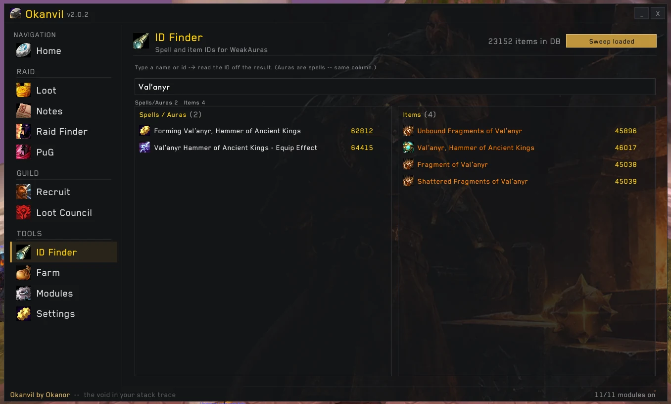 ID Finder search results for Val'anyr: spells and items with their ids