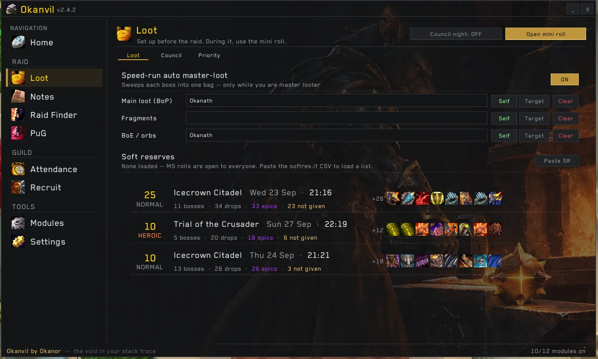 Loot history: one row per raid night with bosses, drops, epics and what is still not given