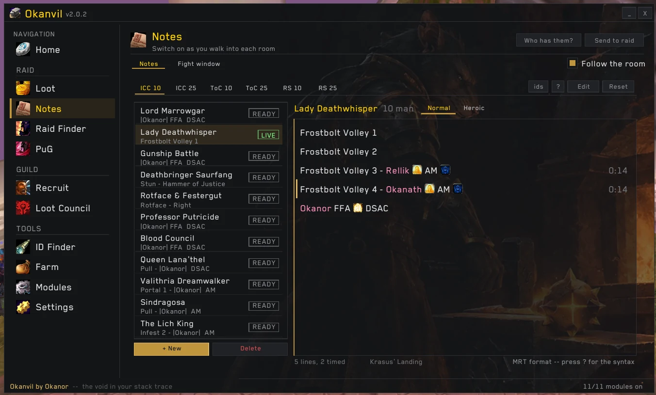 Lady Deathwhisper note live, with timed Frostbolt Volley assignments per player