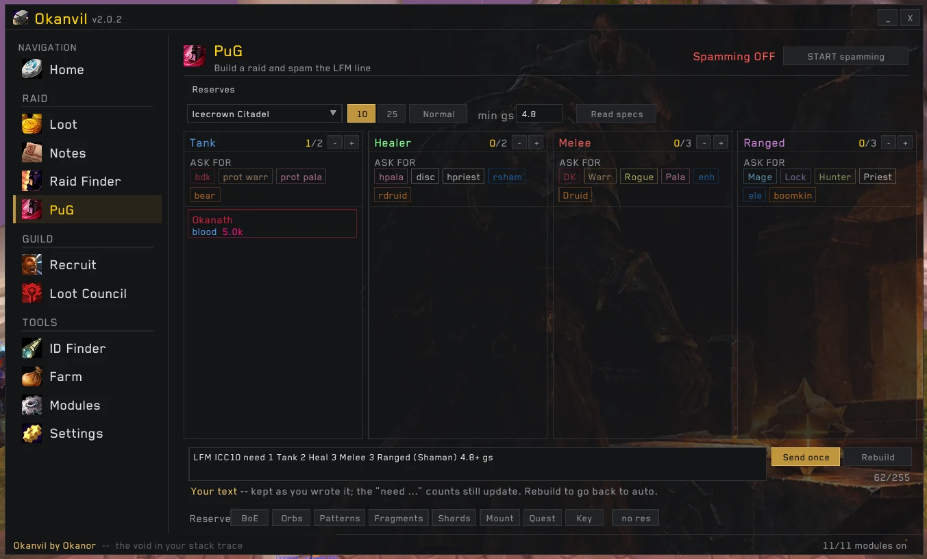 PuG builder with role columns, min GS and the generated LFM message