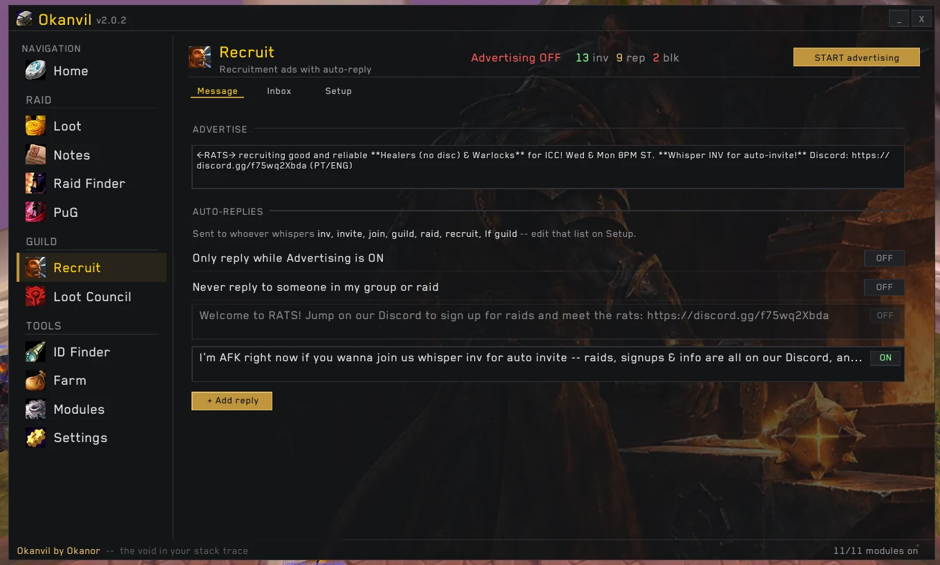 Recruit page: advert, auto-replies and inbox counter