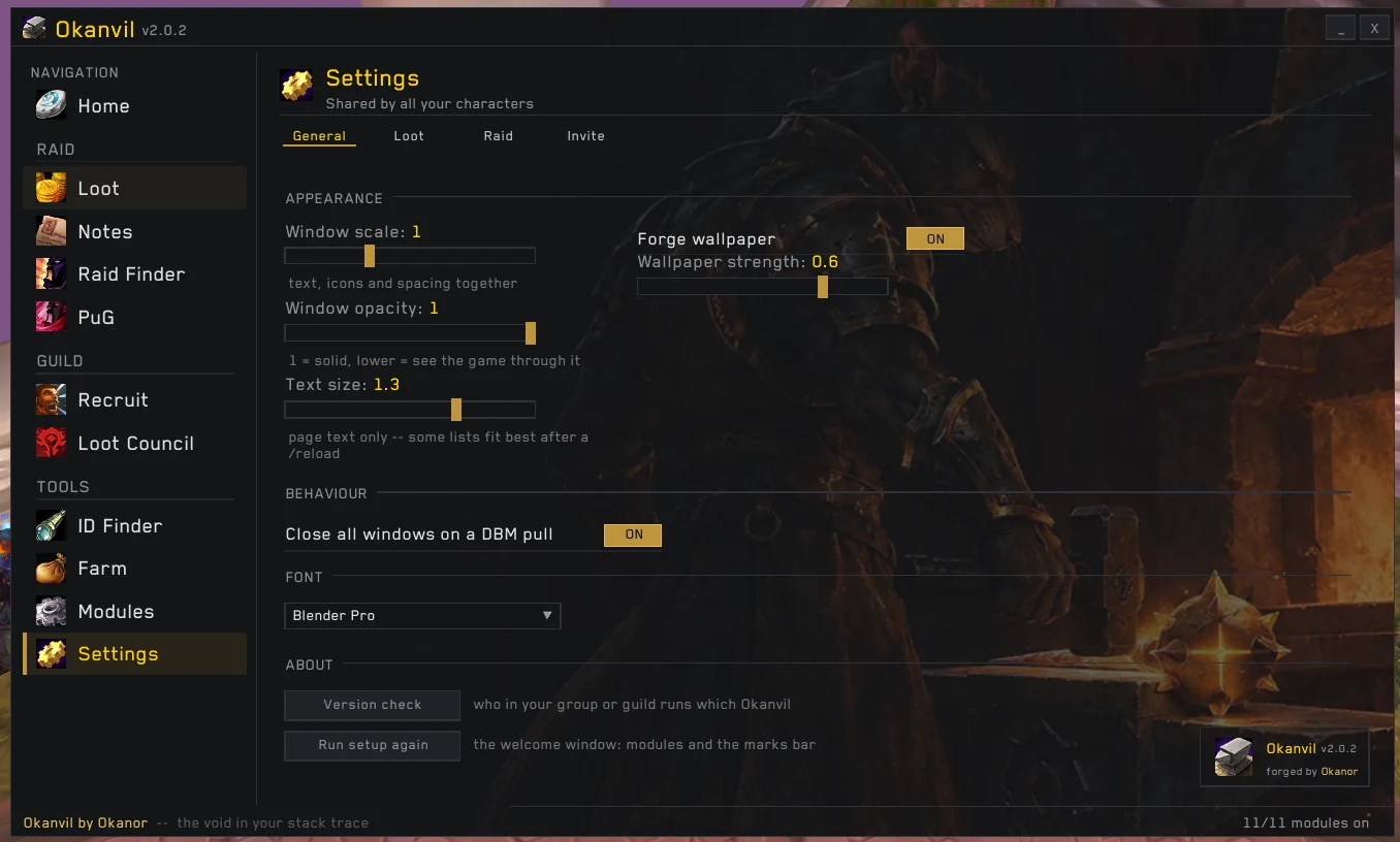 Settings page: window scale, opacity, text size, font and forge wallpaper strength