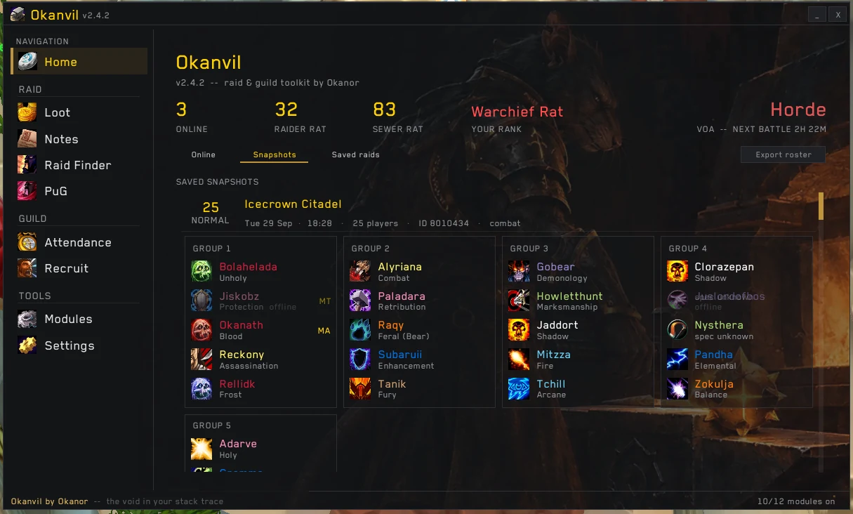 Snapshot of an ICC 25 raid split into group cards with class icons and specs