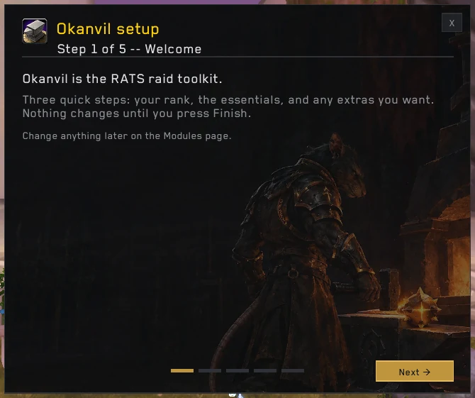 Okanvil setup, step 1 of 5: rank, essentials and extras before you press Finish