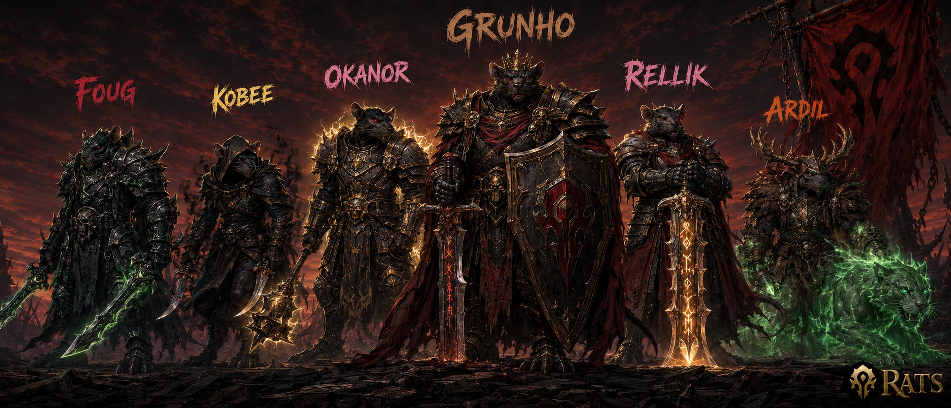 The RATS Warchiefs standing in a line under the Horde banner